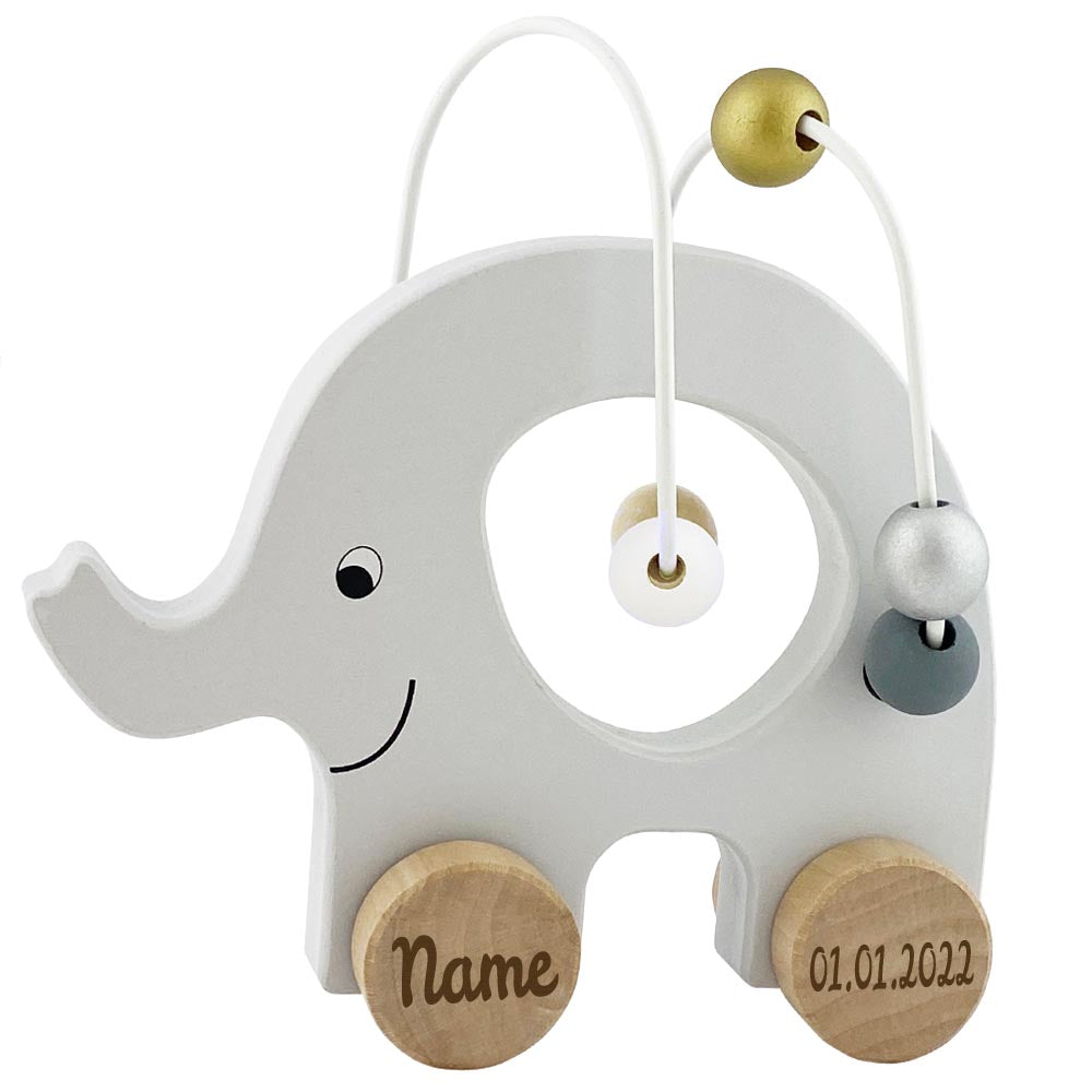 Spielzeug Elefant mit Abakus aus Holz personalisiert mit Name und Datum Baby Geschenk mit Gravur