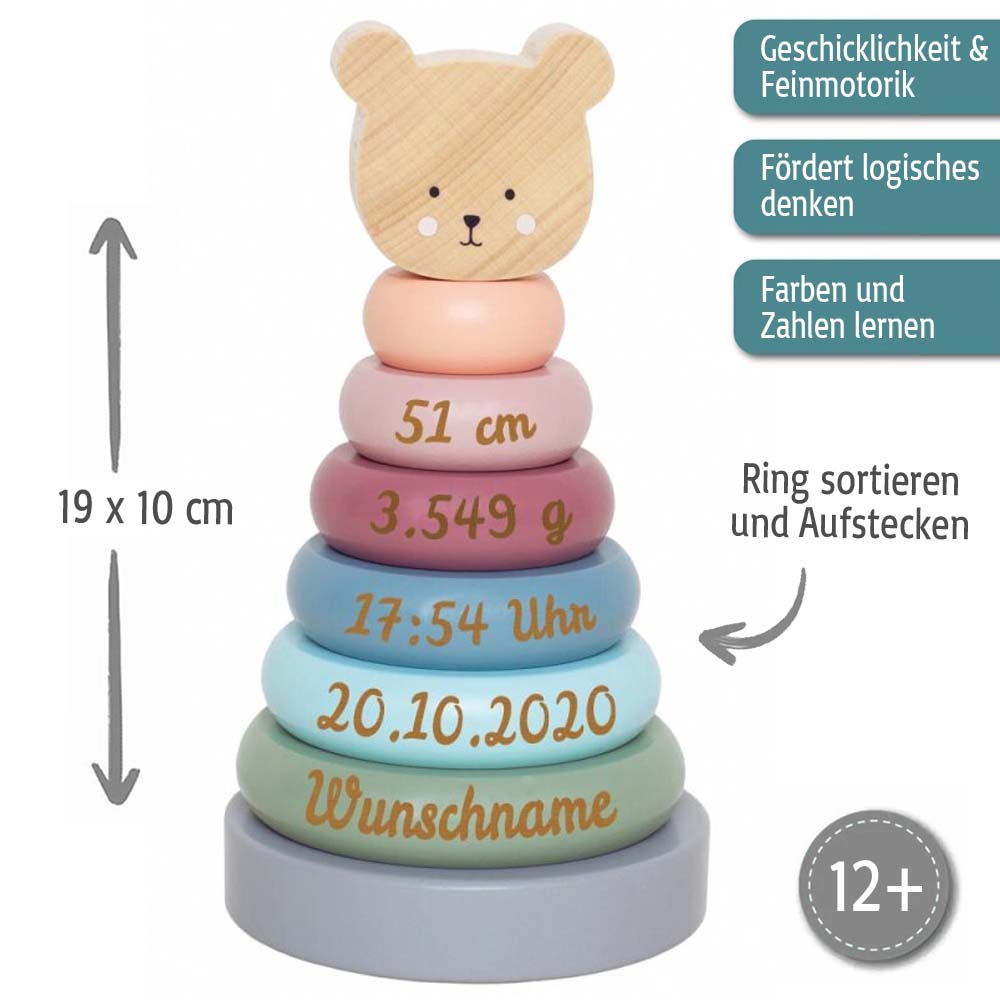 Stapelturm aus Holz Bär personalisiert mit Name und Geburtsdaten Baby Geschenk mit Gravur