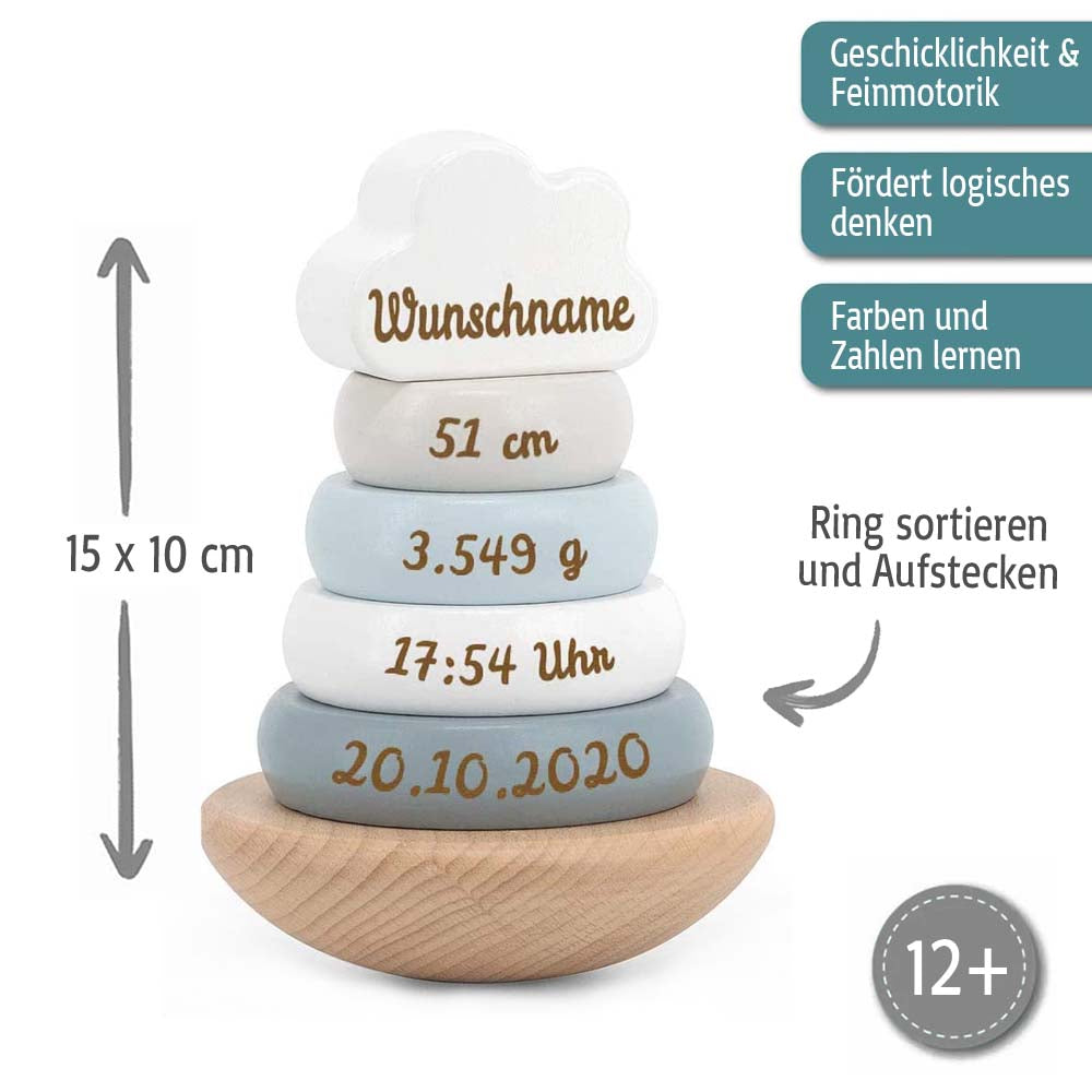 Holz Stapelturm blau personalisiert mit Name und Geburtsdaten Baby Geschenk mit Gravur Geschenk zur Geburt oder Taufe