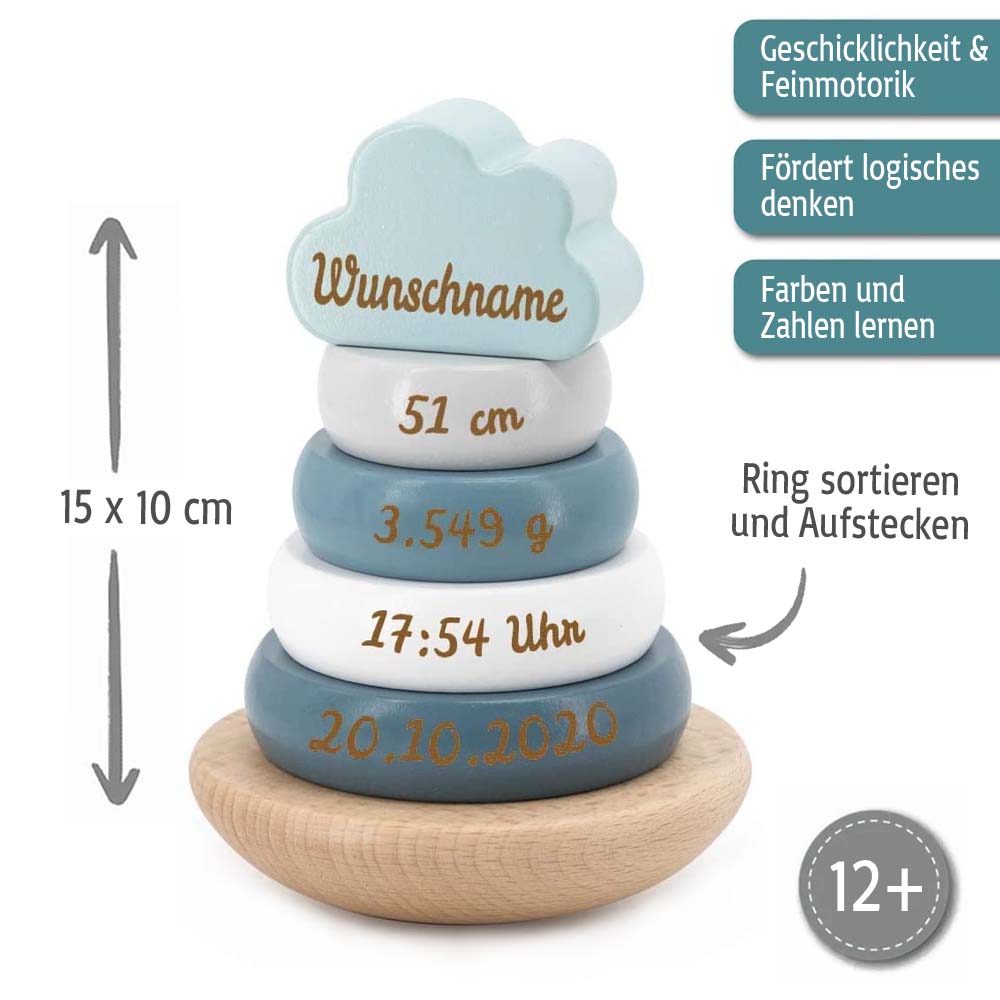 Holz Stapelturm türkis personalisiert mit Name und Geburtsdaten Baby Geschenk mit Gravur Geschenk zur Geburt oder Taufe