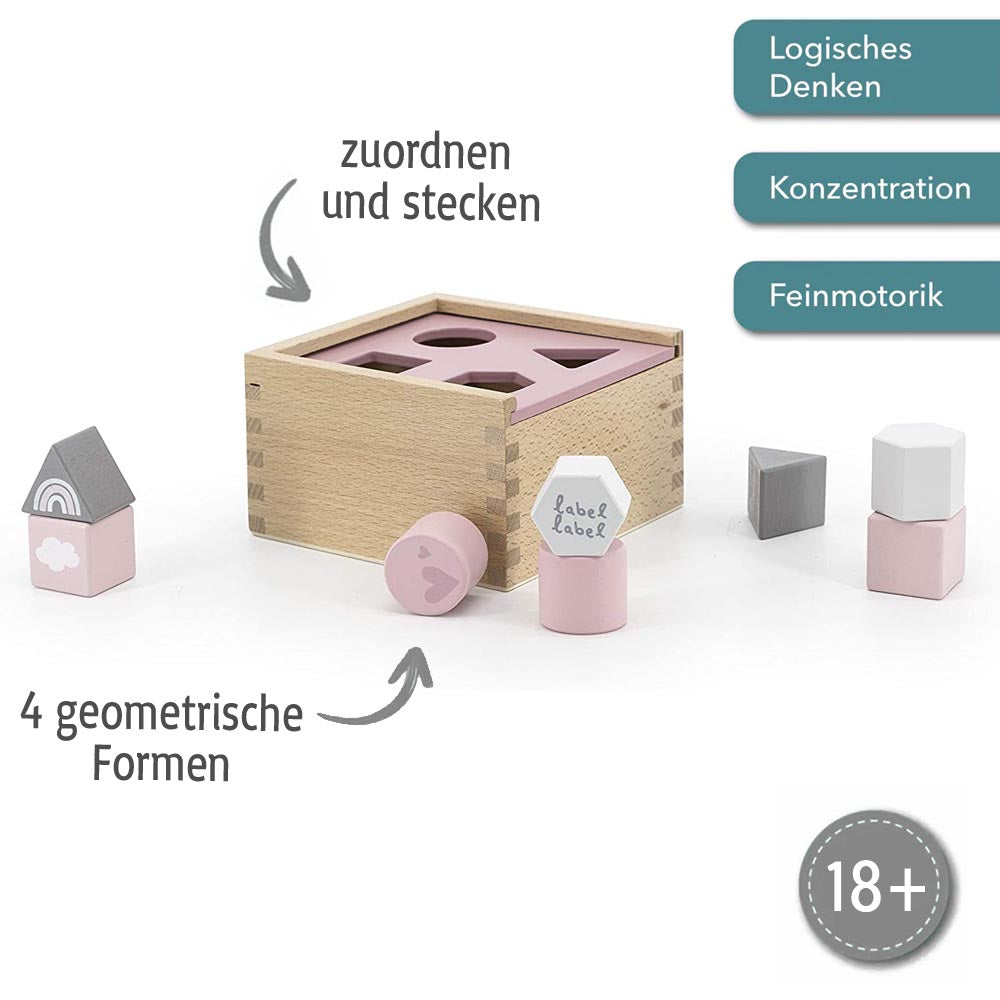 Formenspiel Sortierbox aus Holz rosa personalisiert mit Name und Datum Baby Geschenk mit Gravur