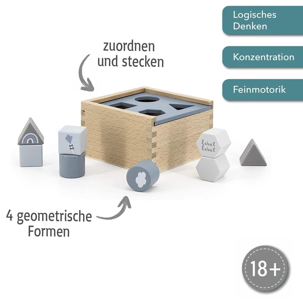 Formenspiel Sortierbox aus Holz blau personalisiert mit Name und Datum Baby Geschenk mit Gravur