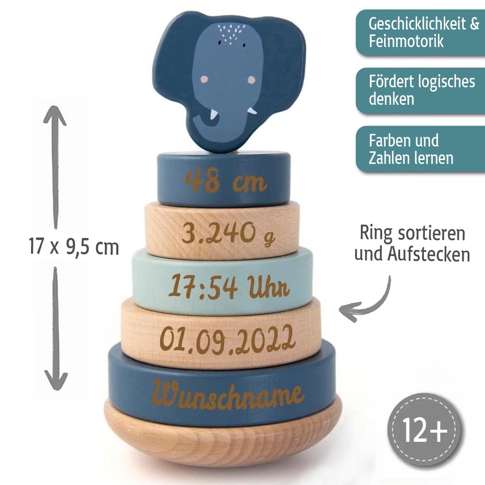 Personalisierter Stapelturm aus Holz von Trixie mit Namen und Geburtsdaten graviert Geburtsgeschenk Elefant
