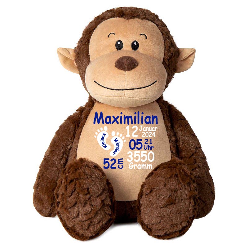 Stofftier AFFE braun mit Name personalisiert Kuscheltier für Kinder Flauschiges Plüschtier 40cm Motiv Füßchen
