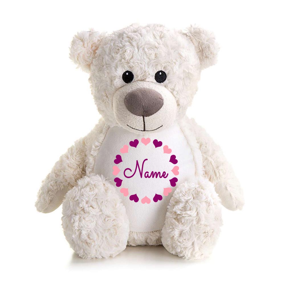 Stofftier Teddybär Creme mit Name personalisiert Kuscheltier für Kinder Flauschiges Plüschtier 40cm Motiv Herzkreis