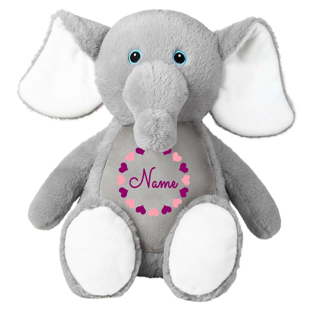 Stofftier Elefant grau mit Name personalisiert Kuscheltier für Kinder Flauschiges Plüschtier 40cm Motiv Herzkreis