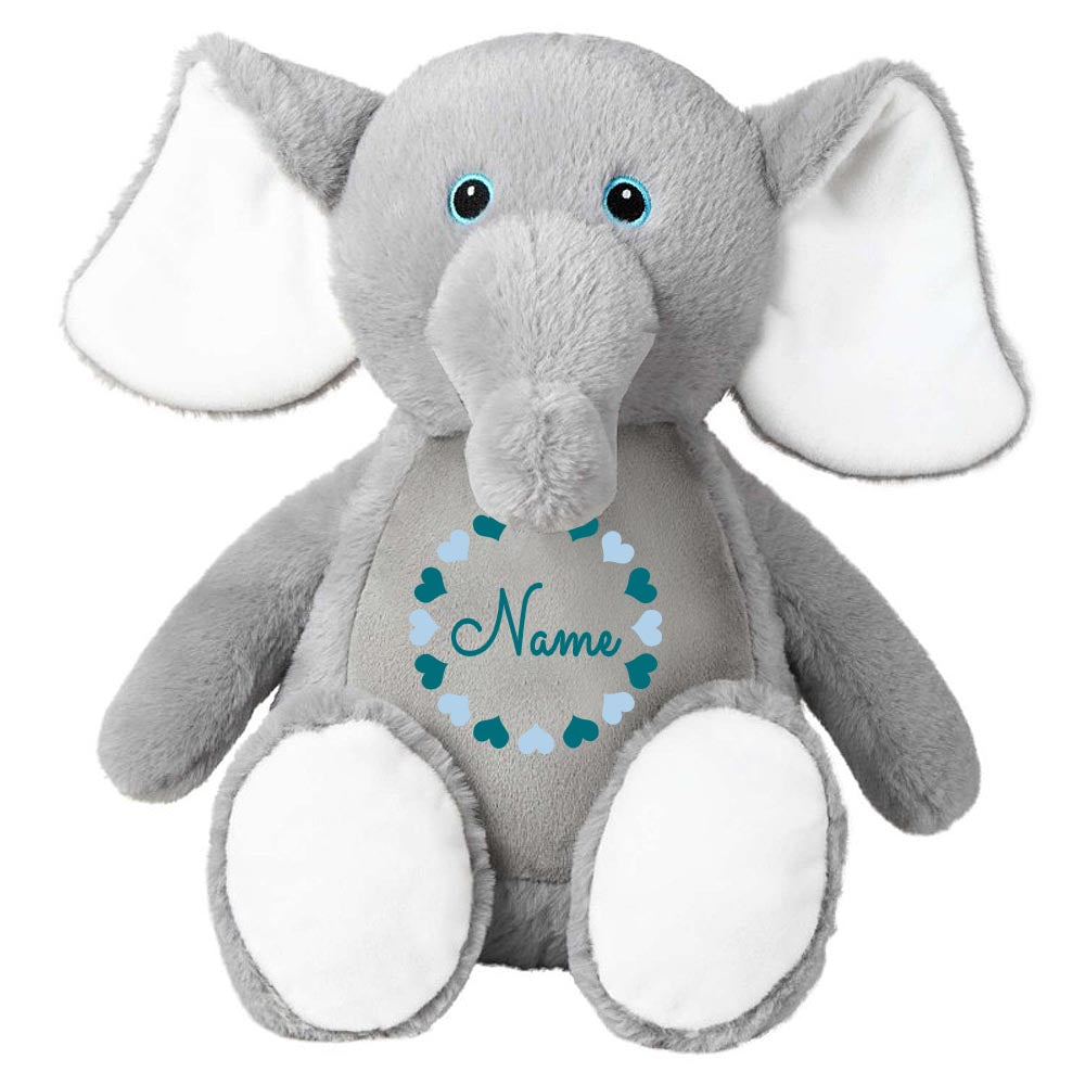 Stofftier Elefant grau mit Name personalisiert Kuscheltier für Kinder Flauschiges Plüschtier 40cm Motiv Herzkreis