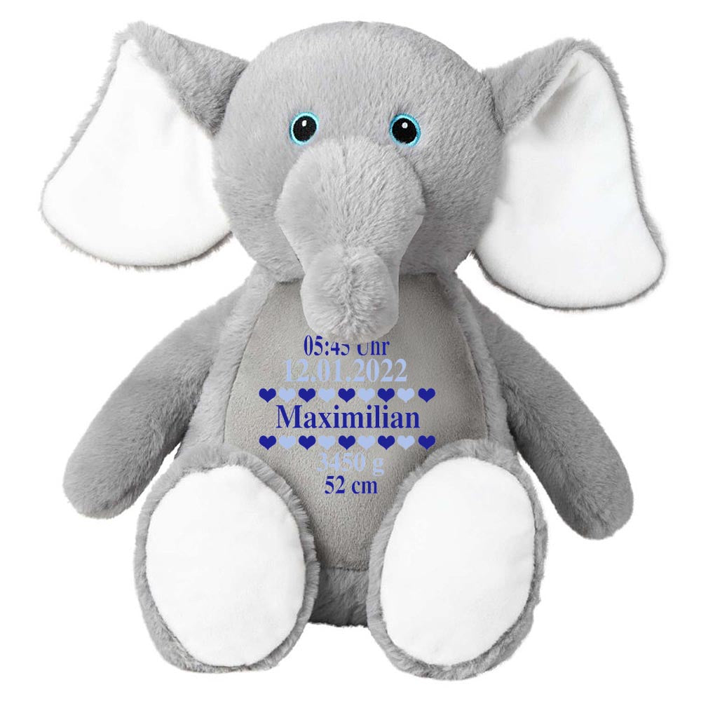 Stofftier Elefant grau mit Name personalisiert Kuscheltier für Kinder Flauschiges Plüschtier 40cm Motiv Geburt