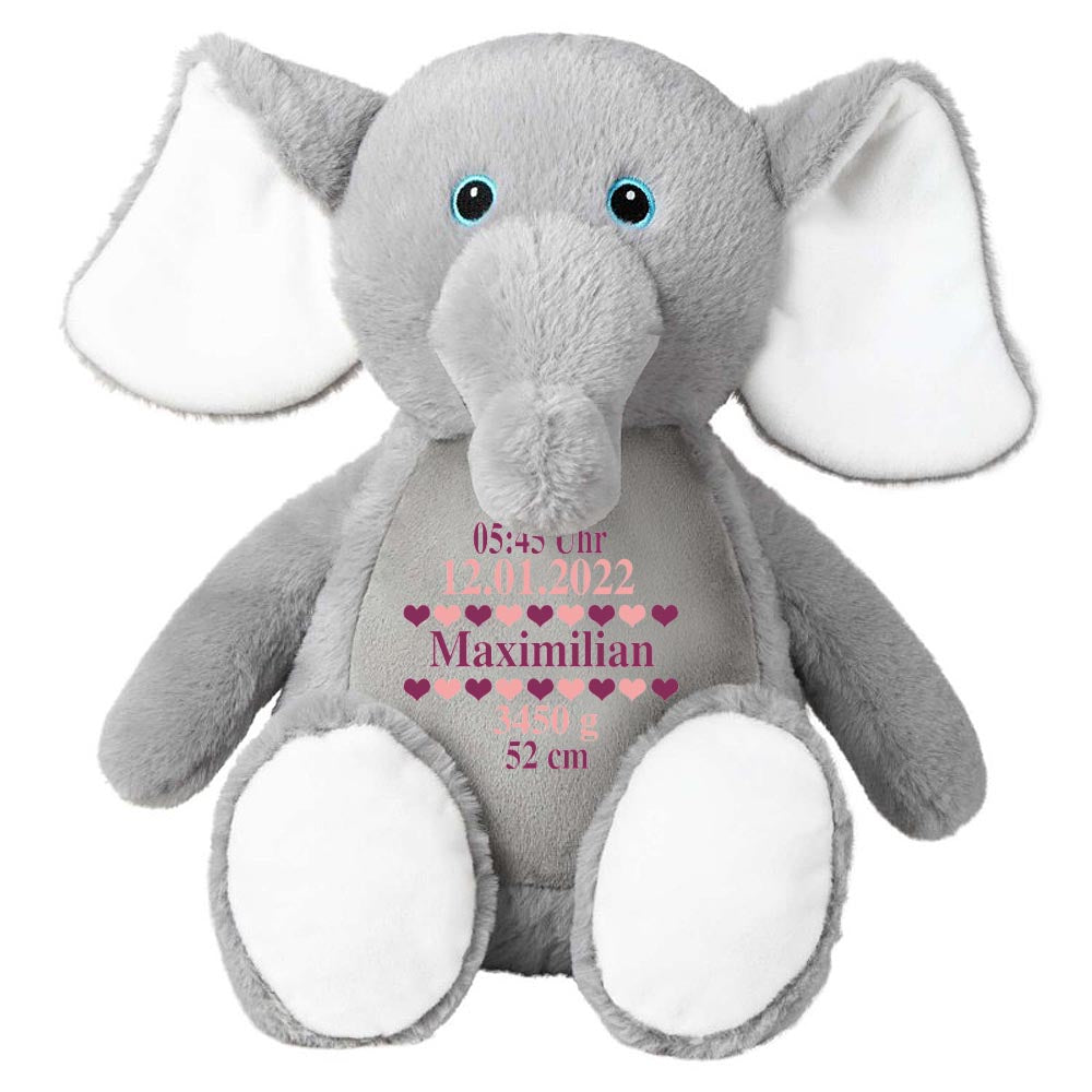 Stofftier Elefant grau mit Name personalisiert Kuscheltier für Kinder Flauschiges Plüschtier 40cm Motiv Geburt