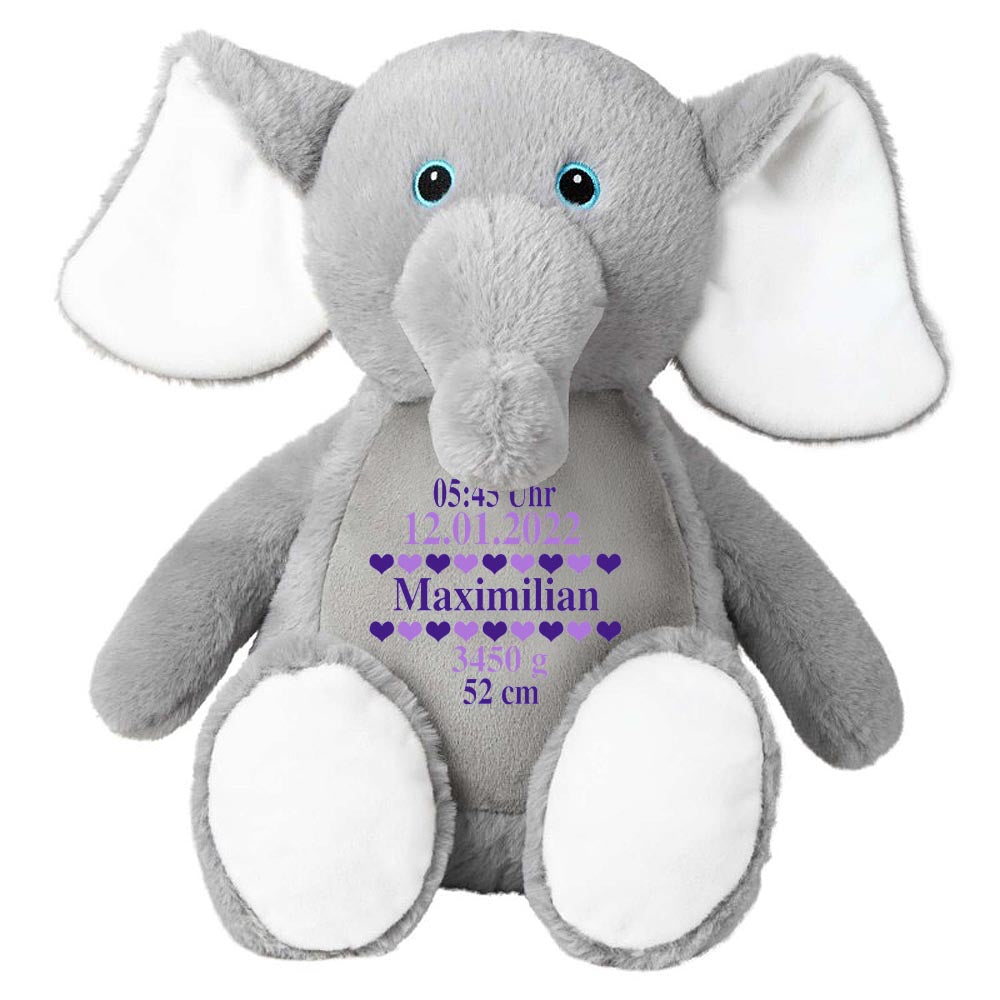 Stofftier Elefant grau mit Name personalisiert Kuscheltier für Kinder Flauschiges Plüschtier 40cm Motiv Geburt