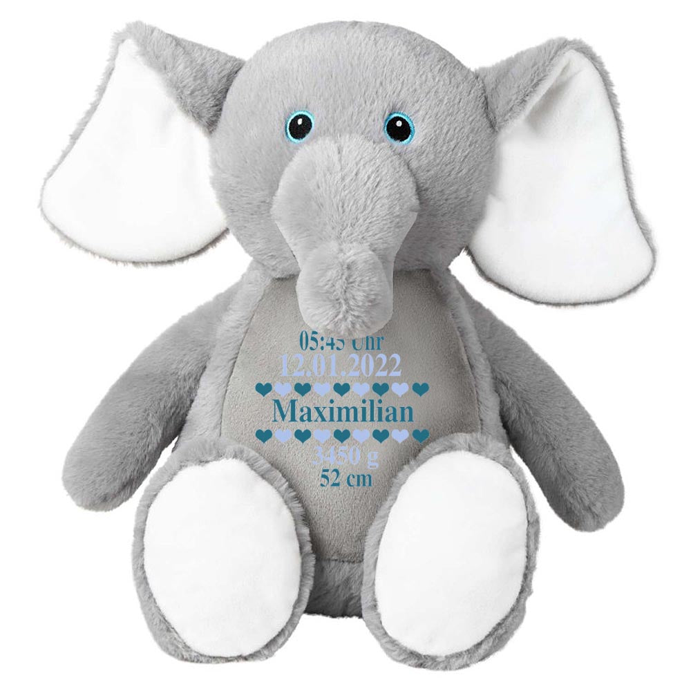 Stofftier Elefant grau mit Name personalisiert Kuscheltier für Kinder Flauschiges Plüschtier 40cm Motiv Geburt