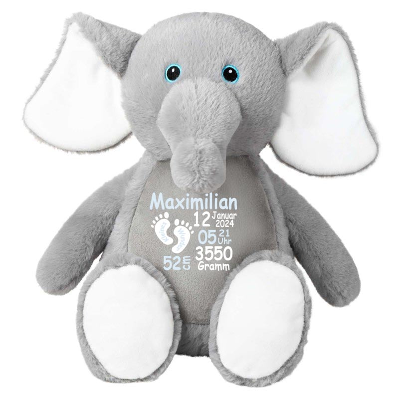 Stofftier Elefant grau mit Name personalisiert Kuscheltier für Kinder Flauschiges Plüschtier 40cm Motiv Füßchen