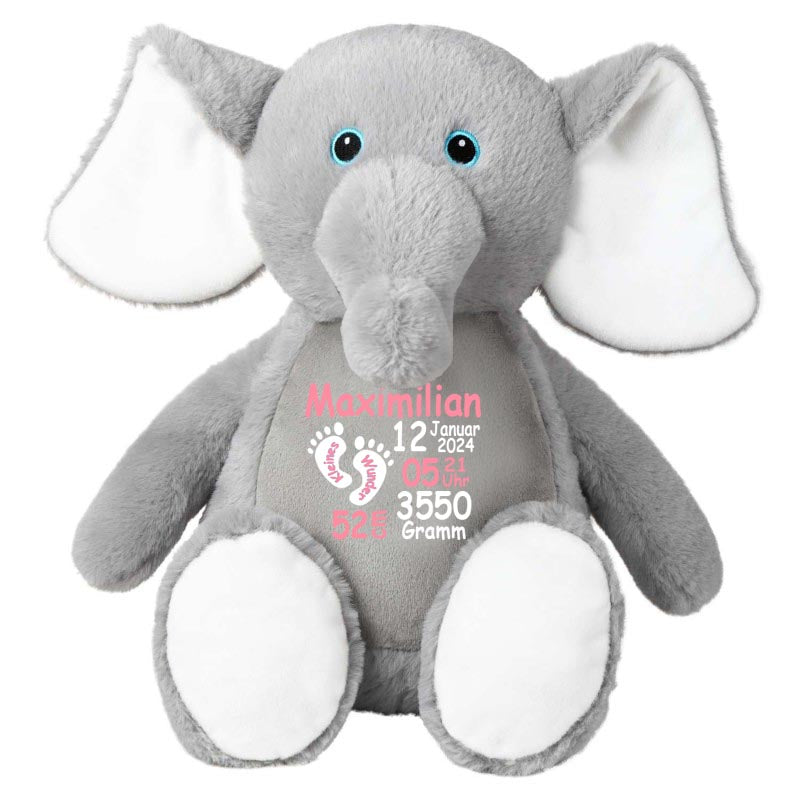 Stofftier Elefant grau mit Name personalisiert Kuscheltier für Kinder Flauschiges Plüschtier 40cm Motiv Füßchen
