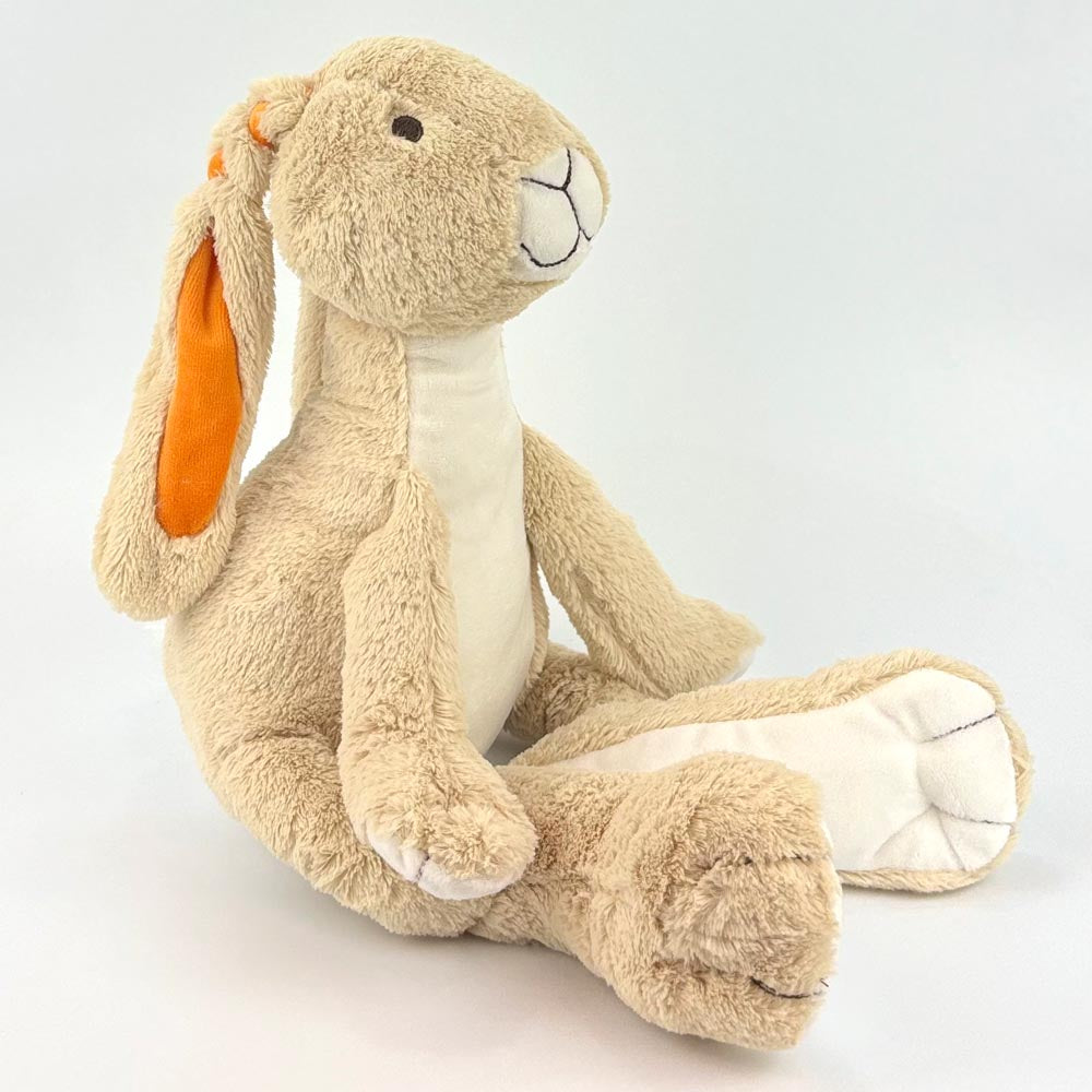 Stofftier Hase mit großen Füßchen mit Namen und Geburtsdatum personalisiert Geschenk beige orange
