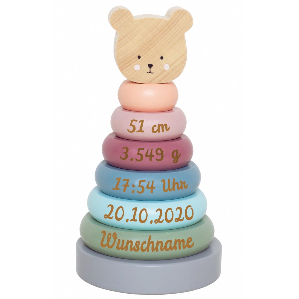Stapelturm aus Holz Bär personalisiert mit Name und Geburtsdaten Baby Geschenk mit Gravur