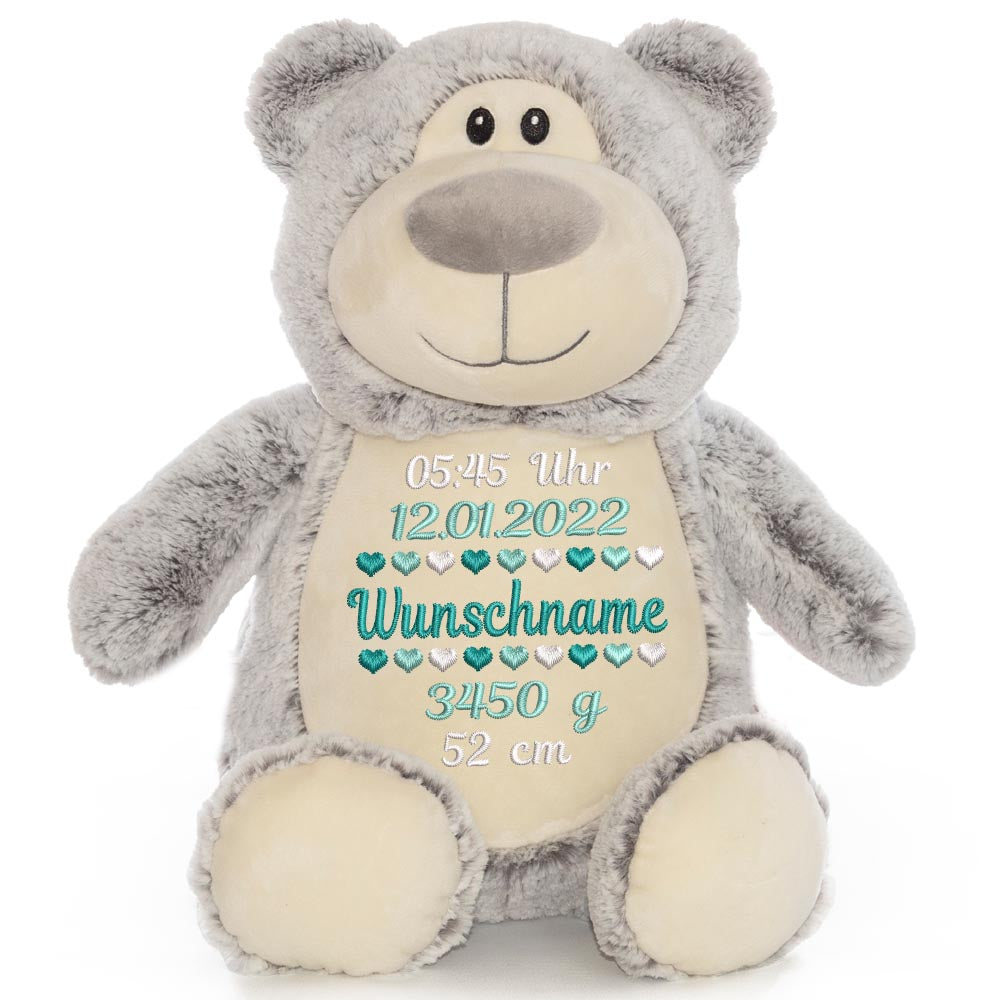 Personalisiertes Stofftier Bär Kuscheltier Bestickt Plüschtier zur Geburt Stickmotiv Geburtsdaten