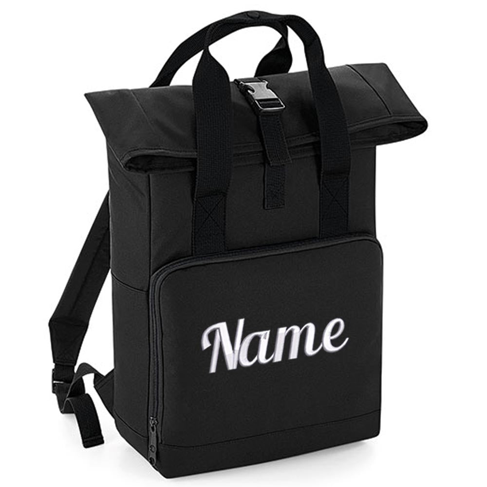 Rucksack mit Name bestickt Rolltop für Kinder und Erwachsene verstellbare Schultergurte 100% Recycled Polyester schwarz