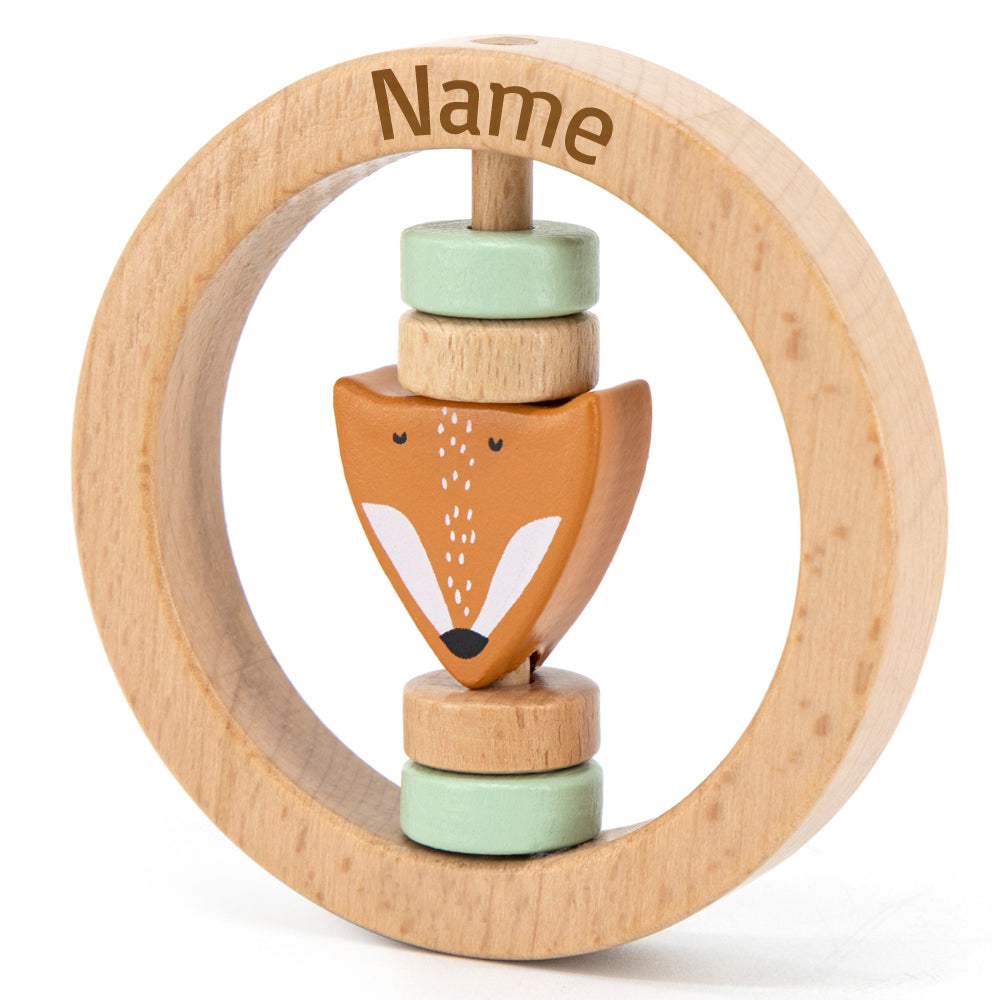 Trixie Rassel Baby aus Holz PERSONALISIERT mit Name graviert Greifring für Baby Geschenk zur Geburt Fuchs