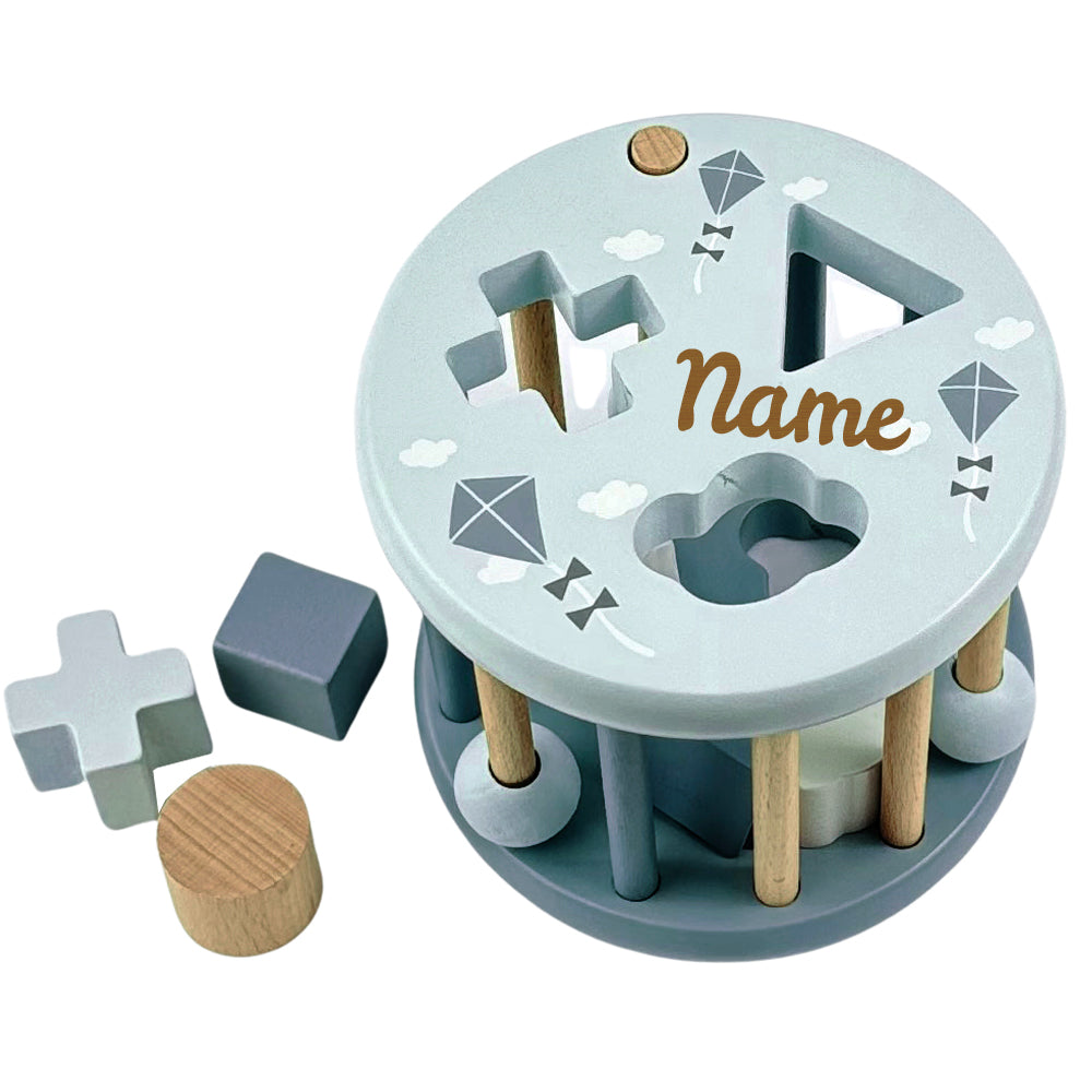 Sortierspiel aus Holz personalisiert mit Name Sortierbox Steckspiel ab 12 Monate Geschenk zur Geburt blau