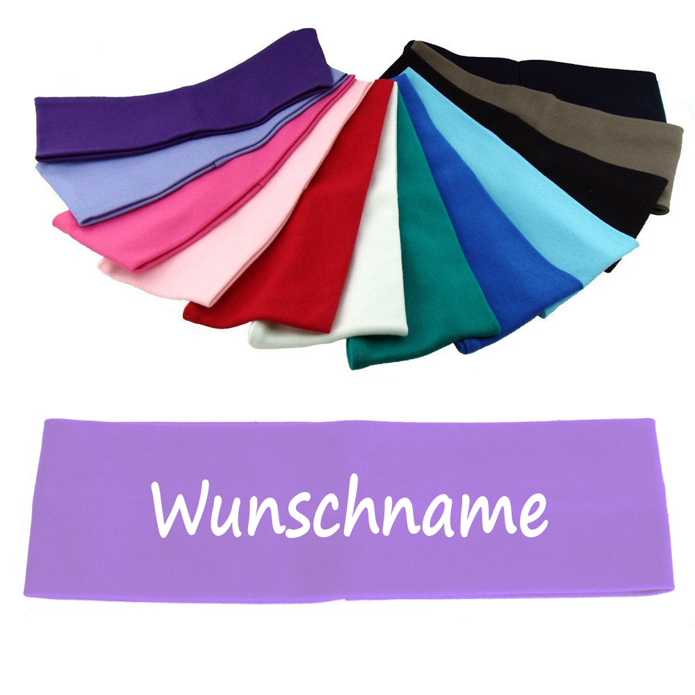 Stirnband mit Namen oder Text personalisiert für Baby oder Kind aus 100% Baumwolle Flieder