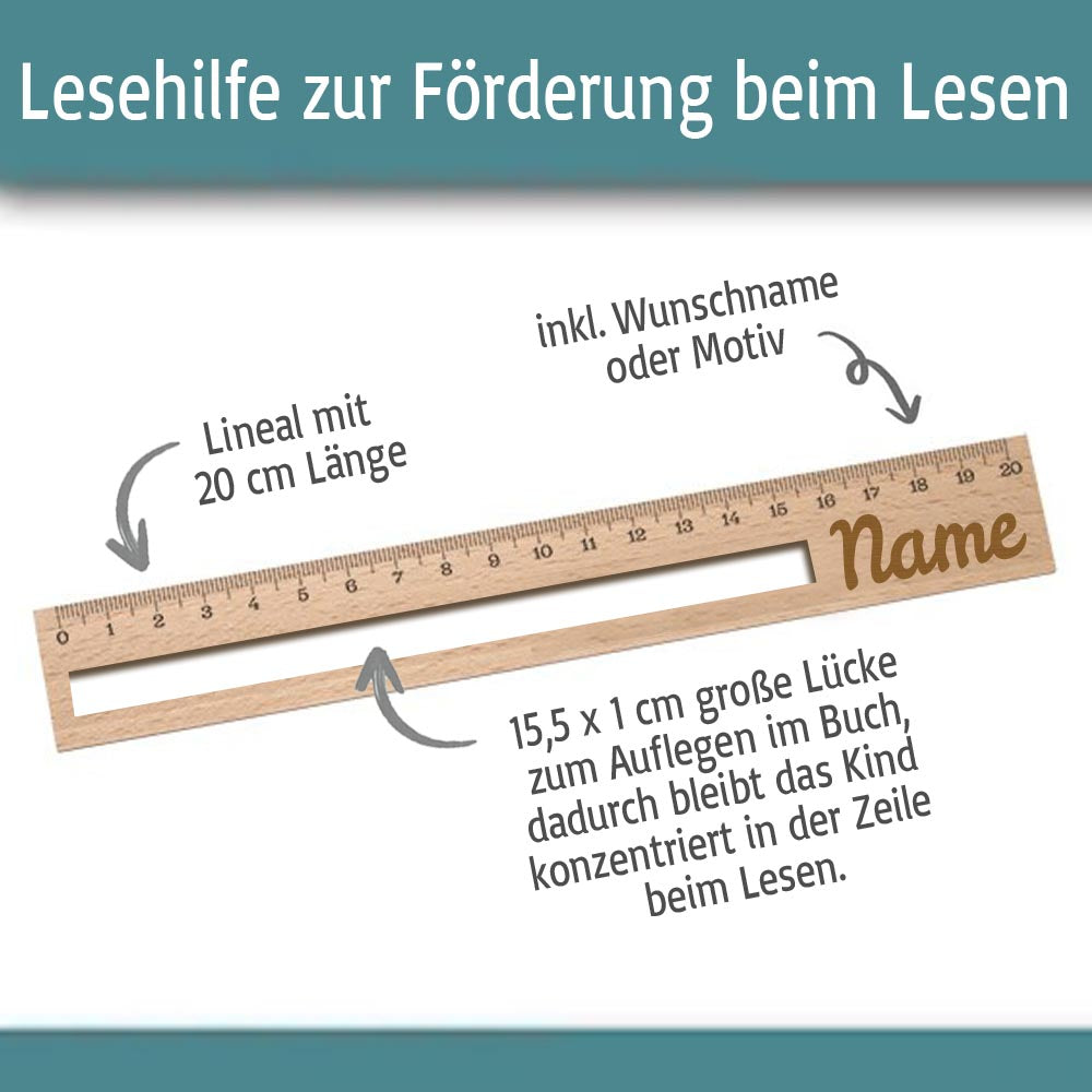Personalisierte Lesehilfe und Lineal für Erstleser mit Name graviert - 20cm Holzlineal Geschenk für Schulanfänger zur Einschulung
