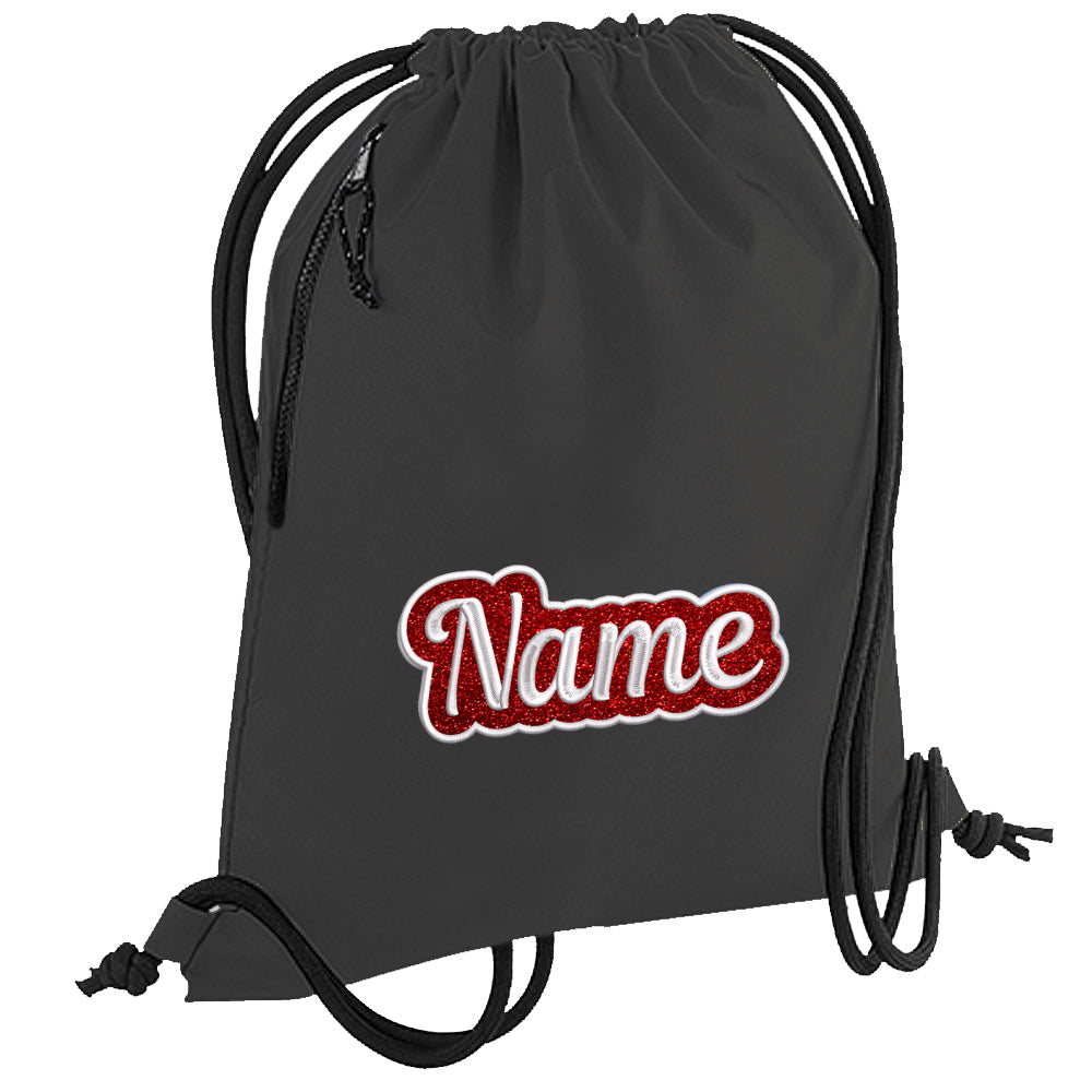 Personalisierter Turnbeutel aus recyceltem Material Sportbeutel mit Name bestickt Glitzer Motiv Schwarz