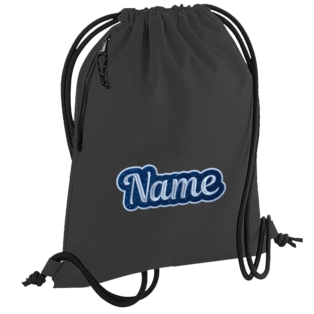 Personalisierter Turnbeutel aus recyceltem Material Sportbeutel mit Name bestickt Glitzer Motiv Schwarz