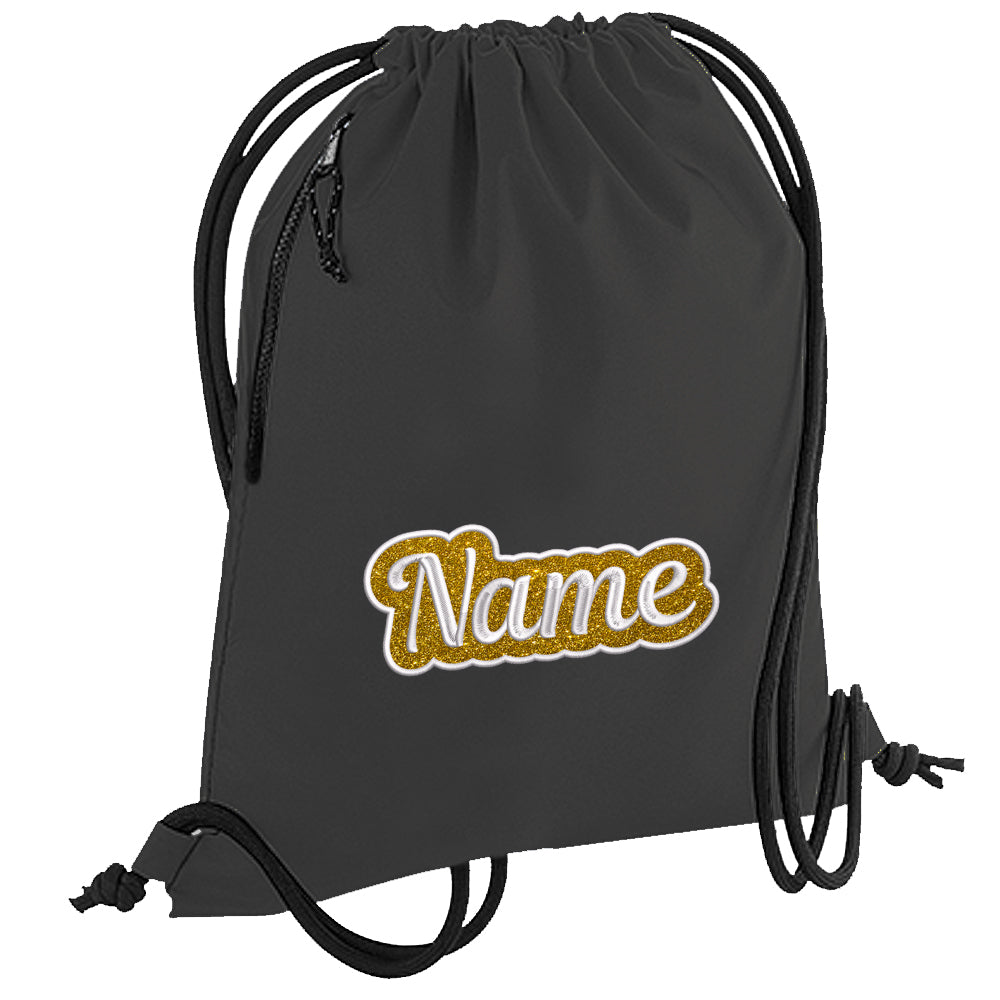 Personalisierter Turnbeutel aus recyceltem Material Sportbeutel mit Name bestickt Glitzer Motiv Schwarz