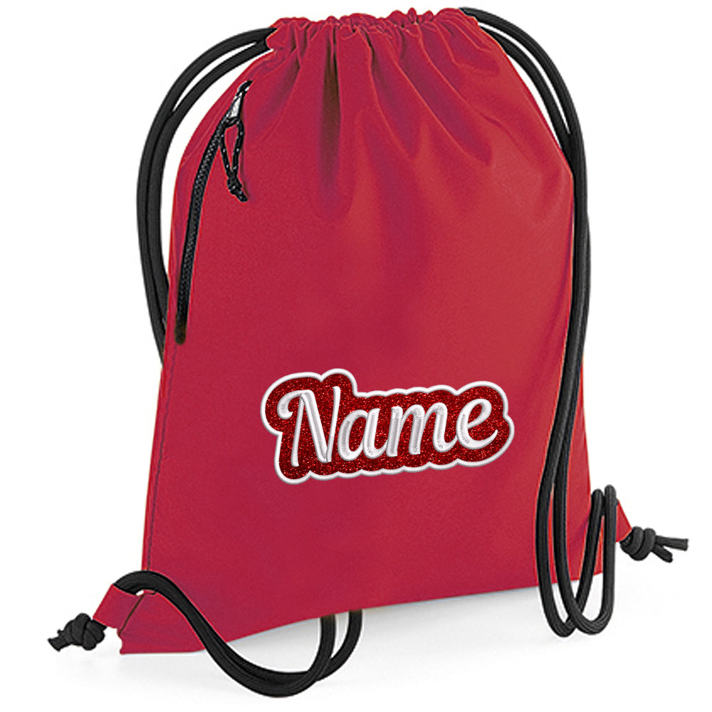 Personalisierter Turnbeutel aus recyceltem Material Sportbeutel mit Name bestickt Glitzer Motiv Rot