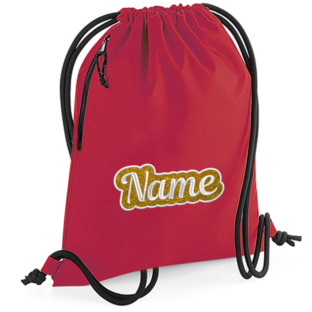 Personalisierter Turnbeutel aus recyceltem Material Sportbeutel mit Name bestickt Glitzer Motiv Rot