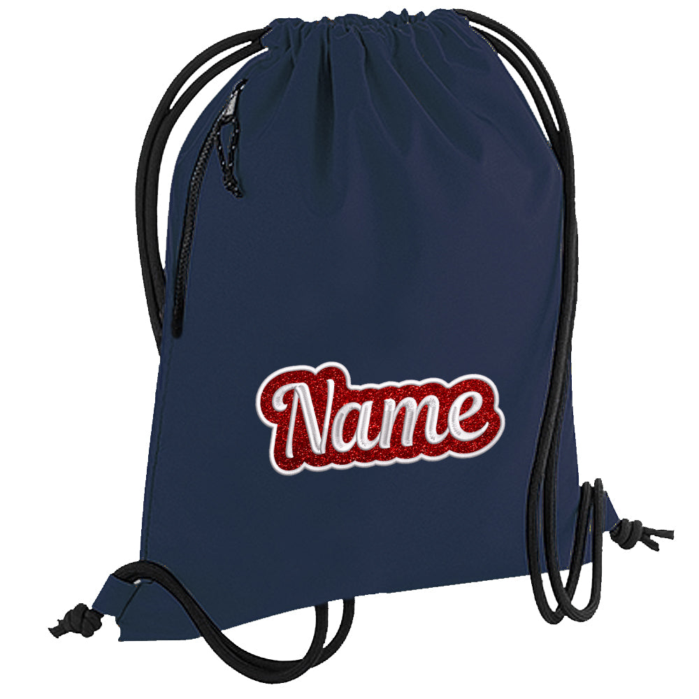 Personalisierter Turnbeutel aus recyceltem Material Sportbeutel mit Name bestickt Glitzer Motiv Dunkelblau