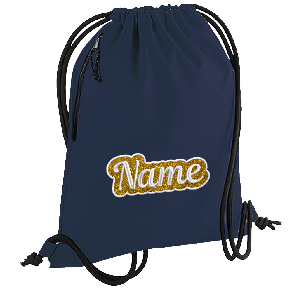 Personalisierter Turnbeutel aus recyceltem Material Sportbeutel mit Name bestickt Glitzer Motiv Dunkelblau
