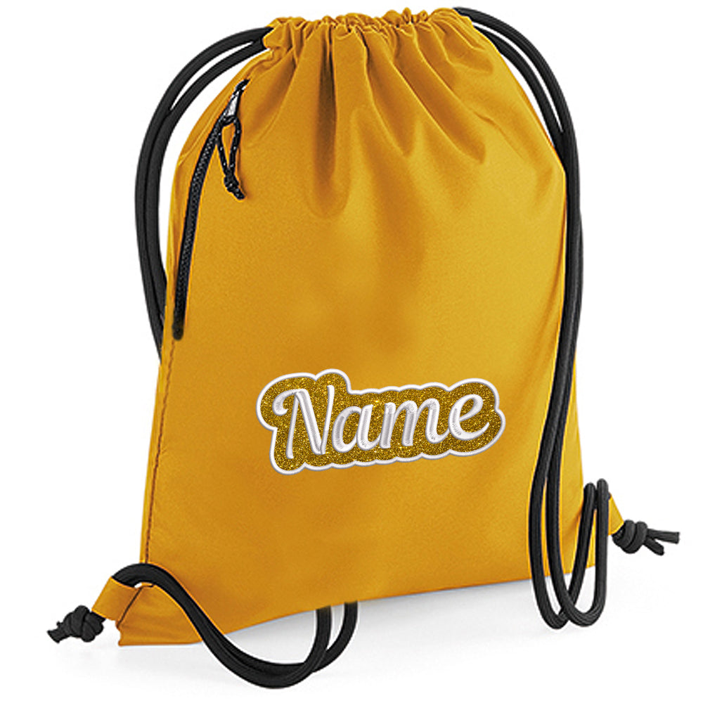Personalisierter Turnbeutel aus recyceltem Material Sportbeutel mit Name bestickt Glitzer Motiv Senfgelb