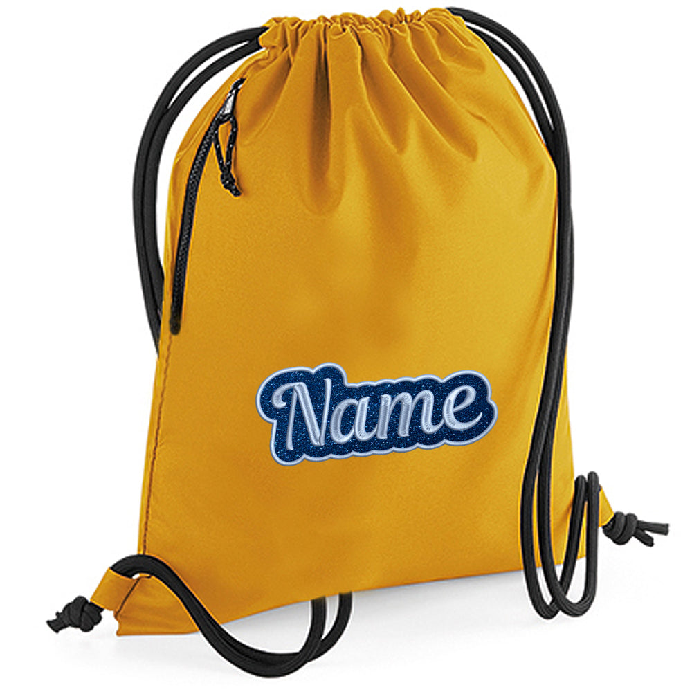 Personalisierter Turnbeutel aus recyceltem Material Sportbeutel mit Name bestickt Glitzer Motiv Senfgelb
