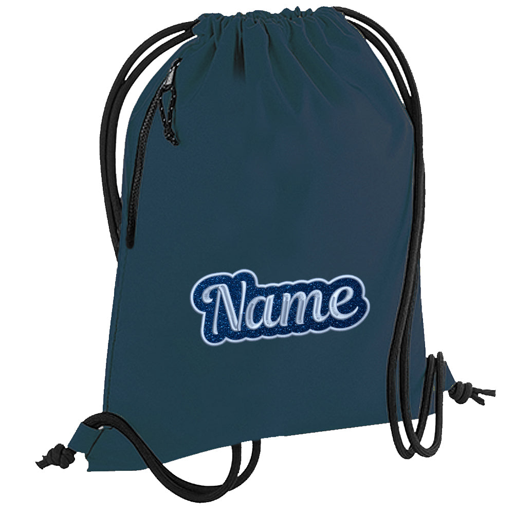 Personalisierter Turnbeutel aus recyceltem Material Sportbeutel mit Name bestickt Glitzer Motiv Petrol