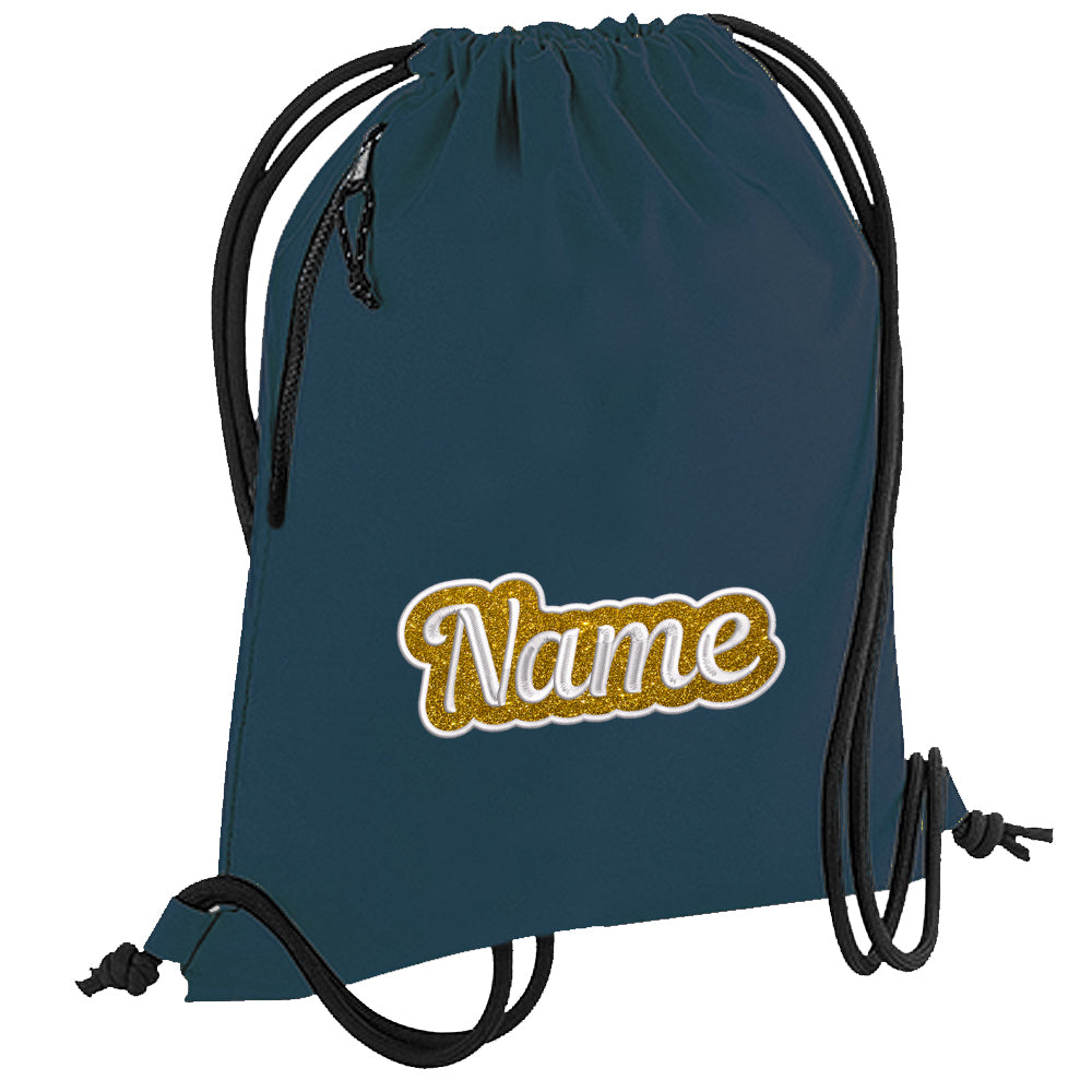 Personalisierter Turnbeutel aus recyceltem Material Sportbeutel mit Name bestickt Glitzer Motiv Petrol