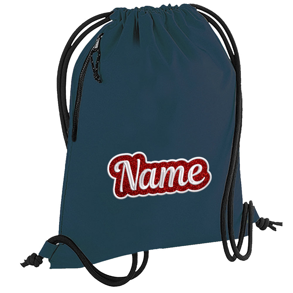 Personalisierter Turnbeutel aus recyceltem Material Sportbeutel mit Name bestickt Glitzer Motiv Petrol