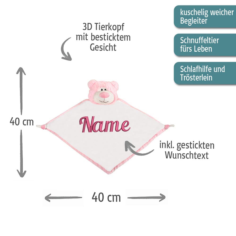 Personalisiertes Schnuffeltuch weiches Kuscheltuch mit Name Bestickt Schnuffeltier Schlafhilfe Tröster Geschenk zur Geburt Bär rosa