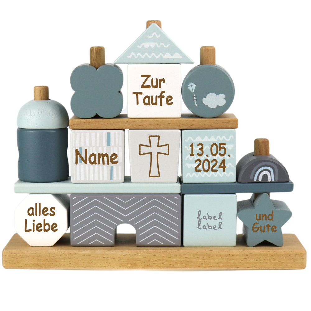 Taufgeschenk Steckspiel zur Taufe Häuschen aus Holz mit Namen und Taufdaten graviert blau verschiedene Motive