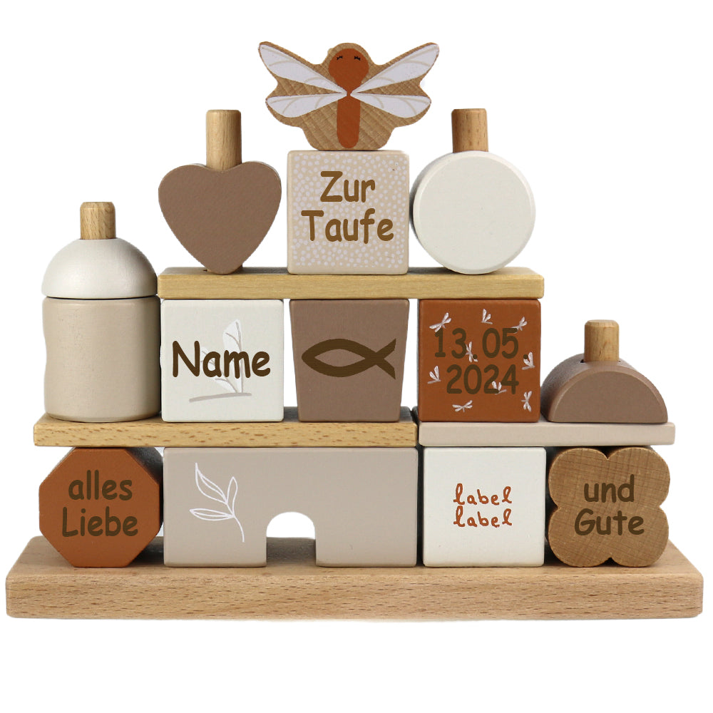 Taufgeschenk Steckspiel zur Taufe Häuschen aus Holz mit Namen und Taufdaten graviert beige verschiedene Motive