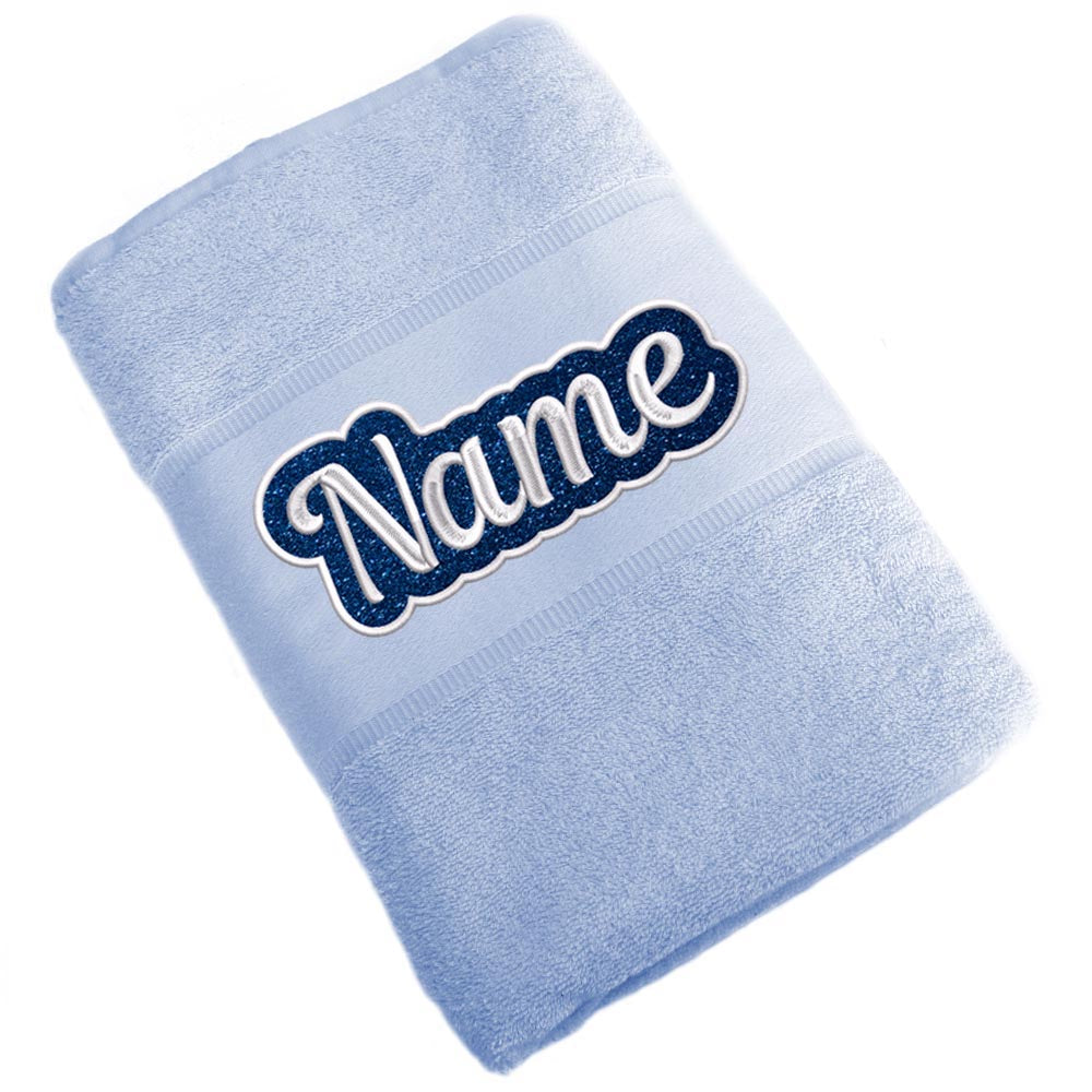 Besticktes Handtuch Badehandtuch aus 100% Baumwolle mit Glitzer und Name personalisiert Bestickt Hellblau