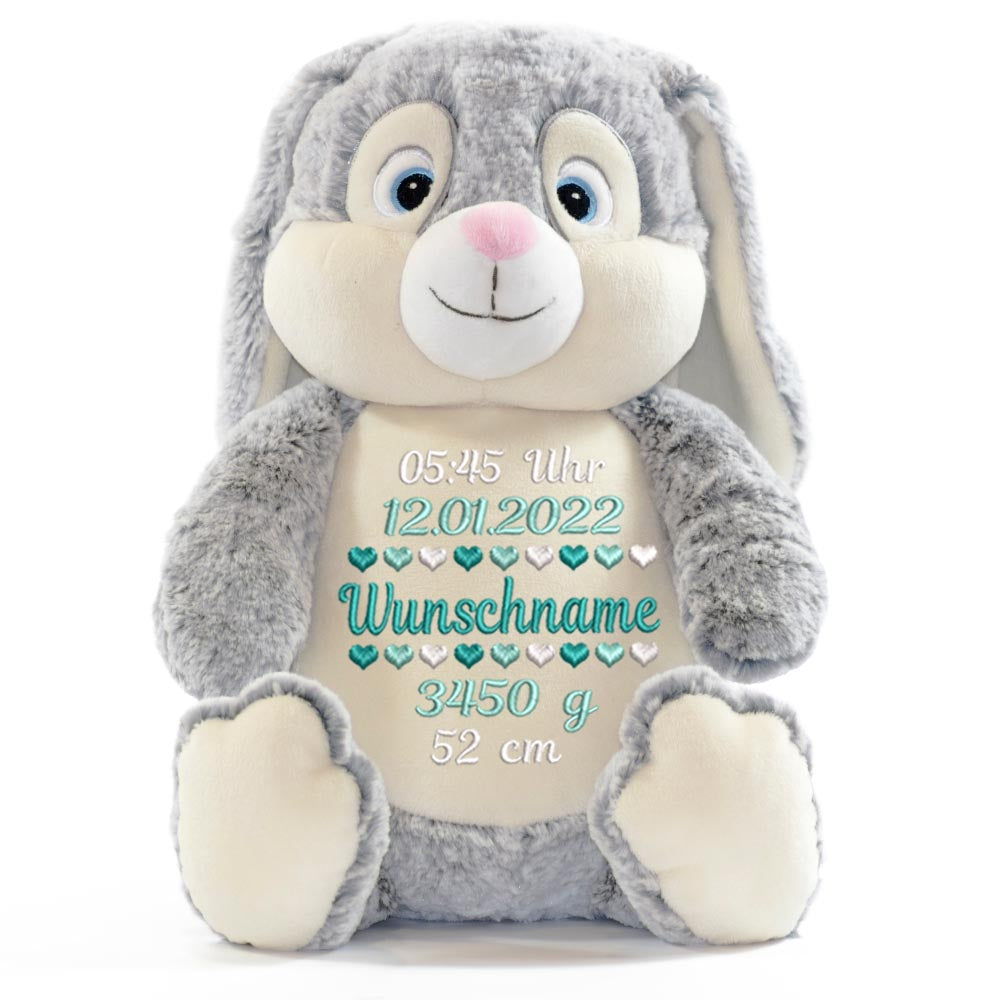 Personalisiertes Stofftier Hase Kuscheltier Bestickt Plüschtier zur Geburt Stickmotiv Geburtsdaten