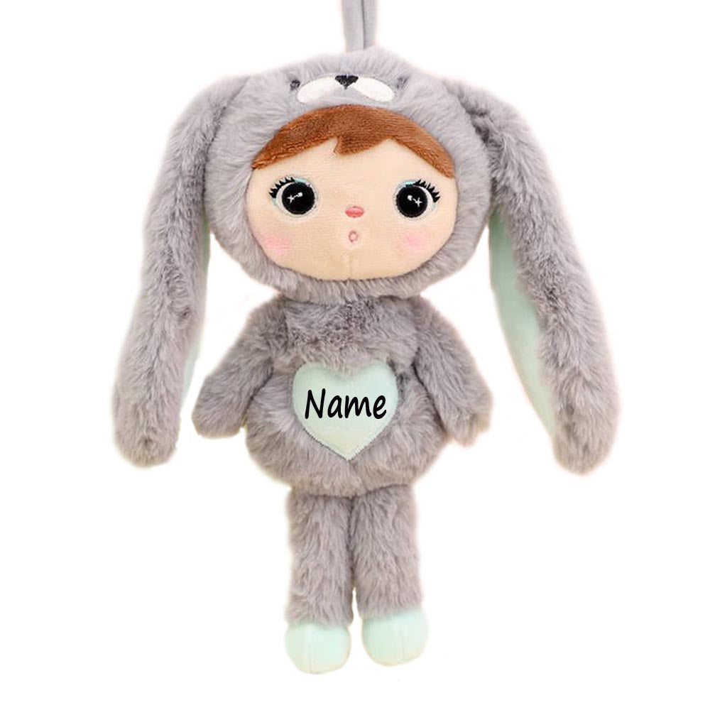 Stoffpuppe Hasenmädchen mit Namen personalisiert Grau/Mint