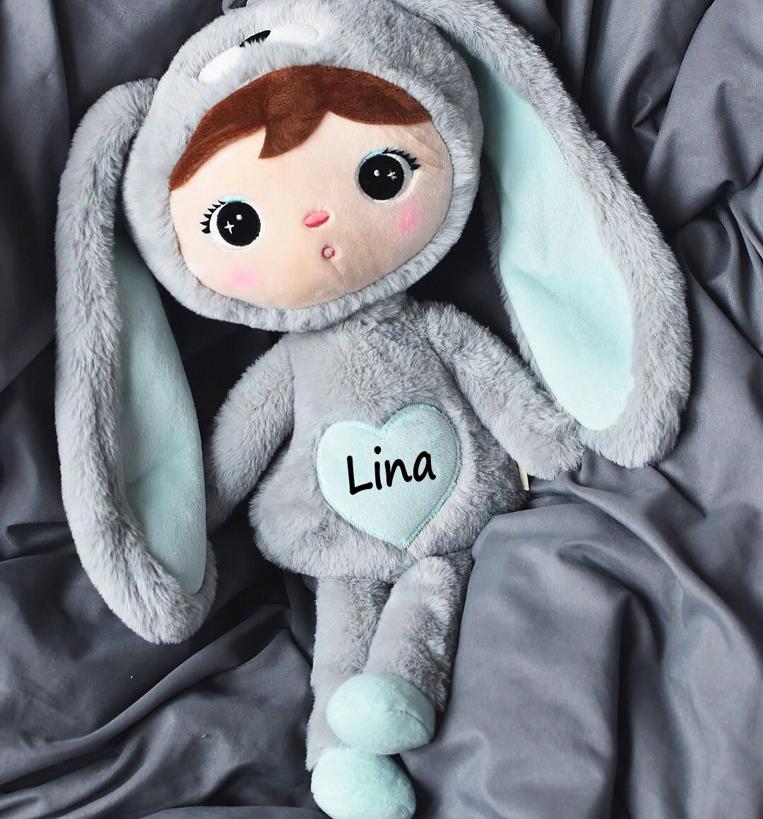 Stoffpuppe Hasenmädchen mit Namen personalisiert Grau/Mint