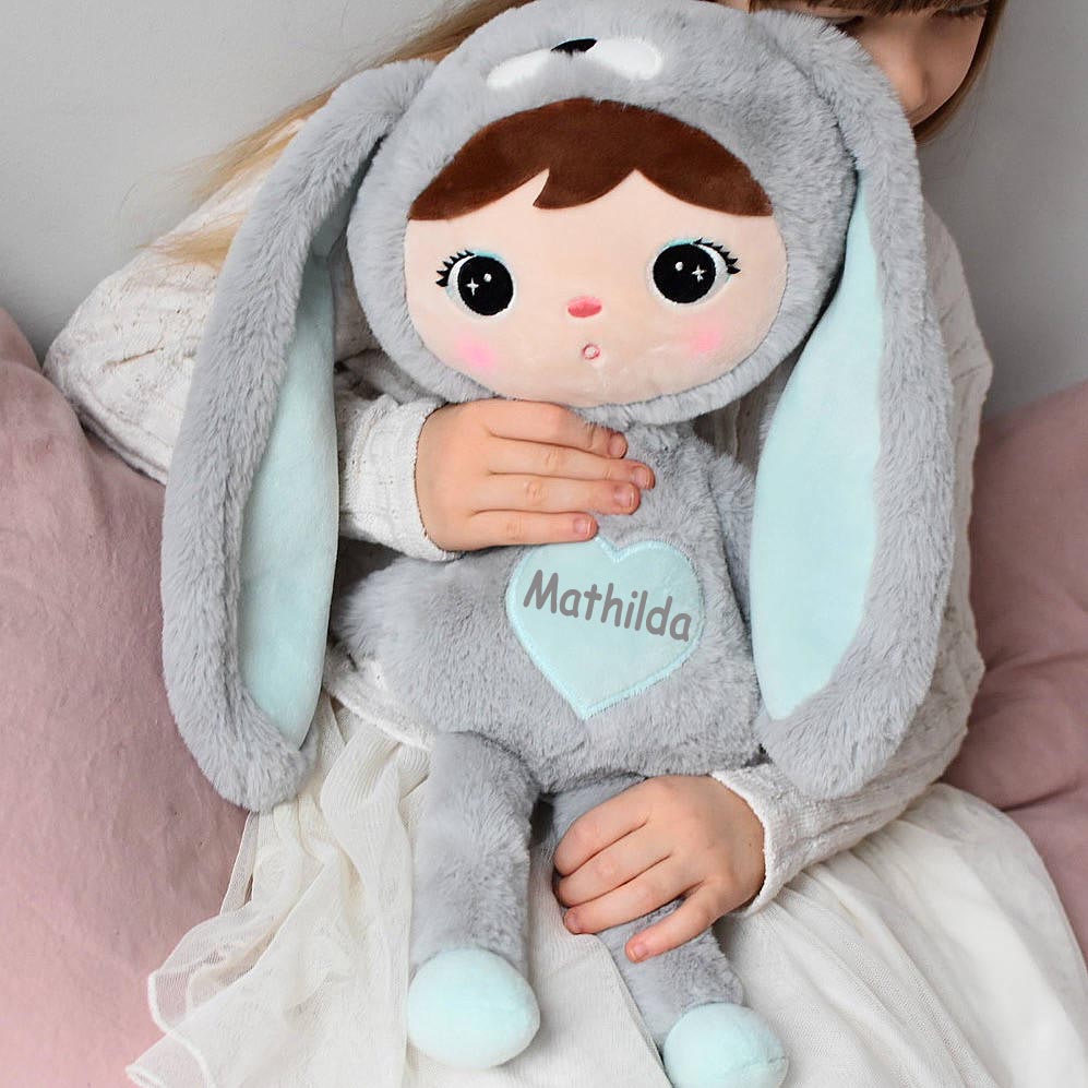 Stoffpuppe Hasenmädchen mit Namen personalisiert Grau/Mint