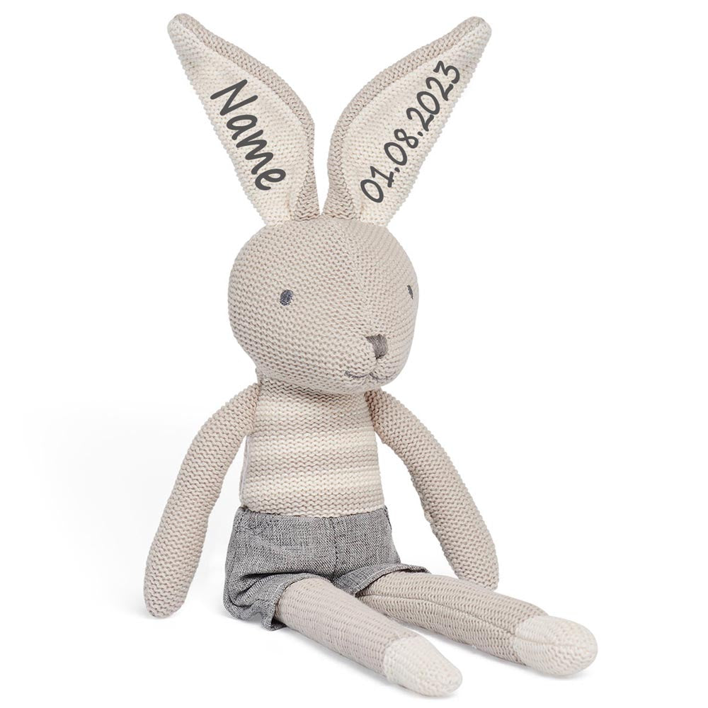 Hase Stofftier mit Name und Geburtsdatum Kuscheltier gestrickt personalisiert Geschenk zur Geburt Hasenjunge