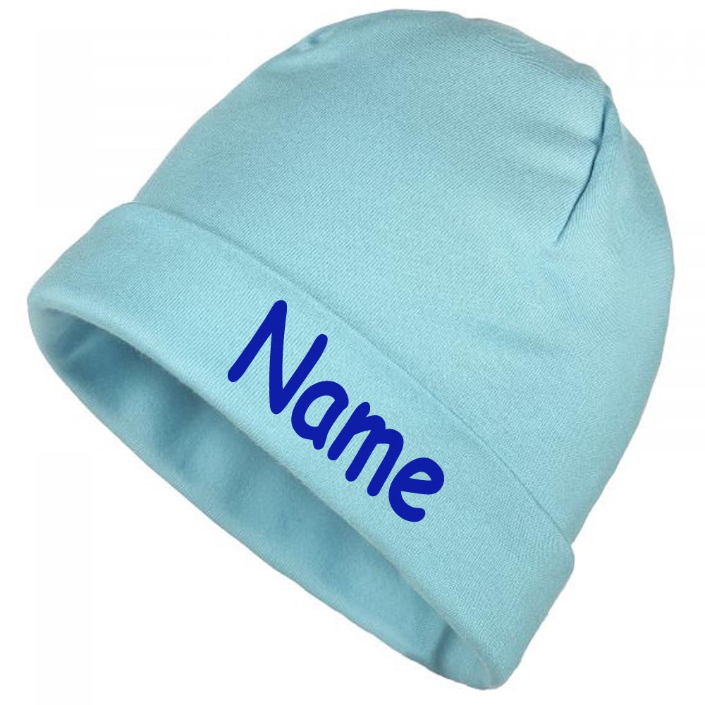Mütze Uni Aqua mit Namen oder Text personalisiert für Baby oder Kind aus 100% Baumwolle mit UV-Schutz