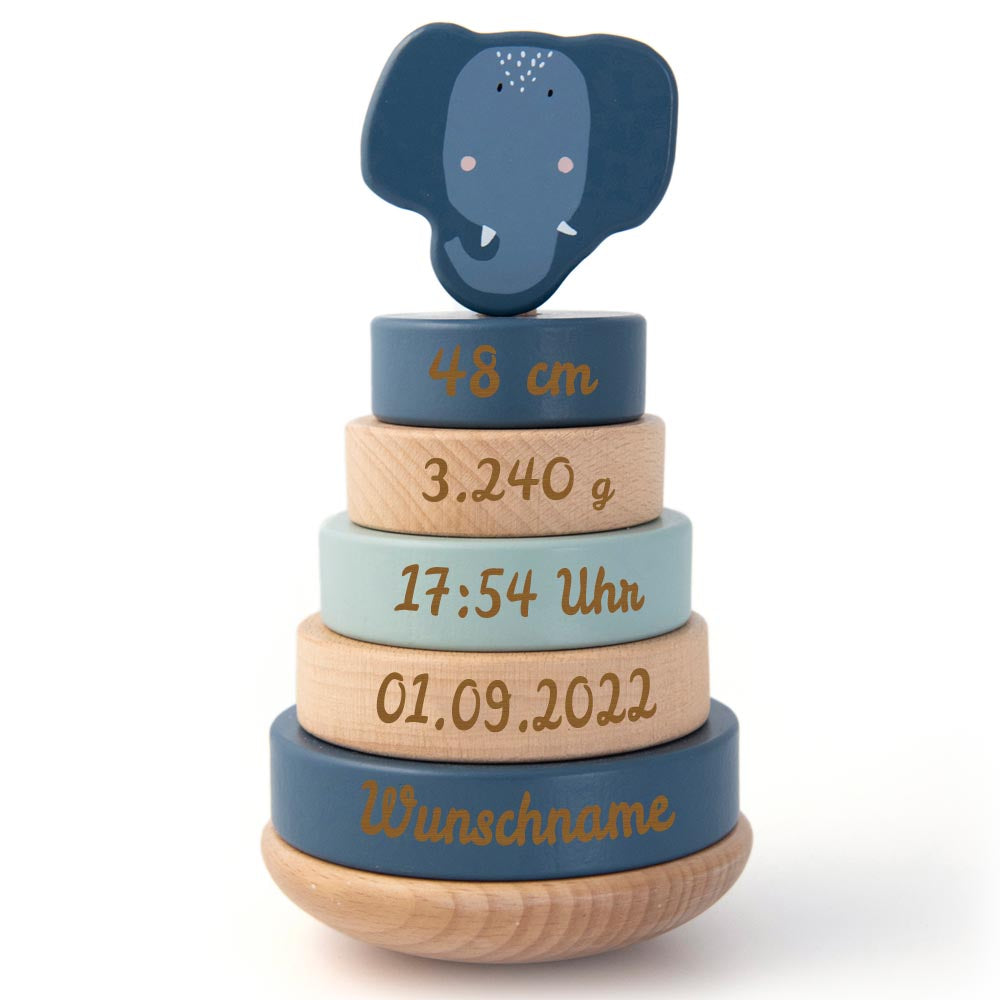 Personalisierter Stapelturm aus Holz von Trixie mit Namen und Geburtsdaten graviert Geburtsgeschenk Elefant