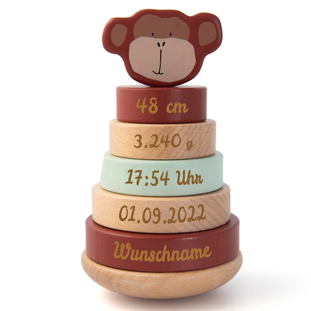 Personalisierter Stapelturm aus Holz von Trixie mit Namen und Geburtsdaten graviert Geburtsgeschenk AFFE
