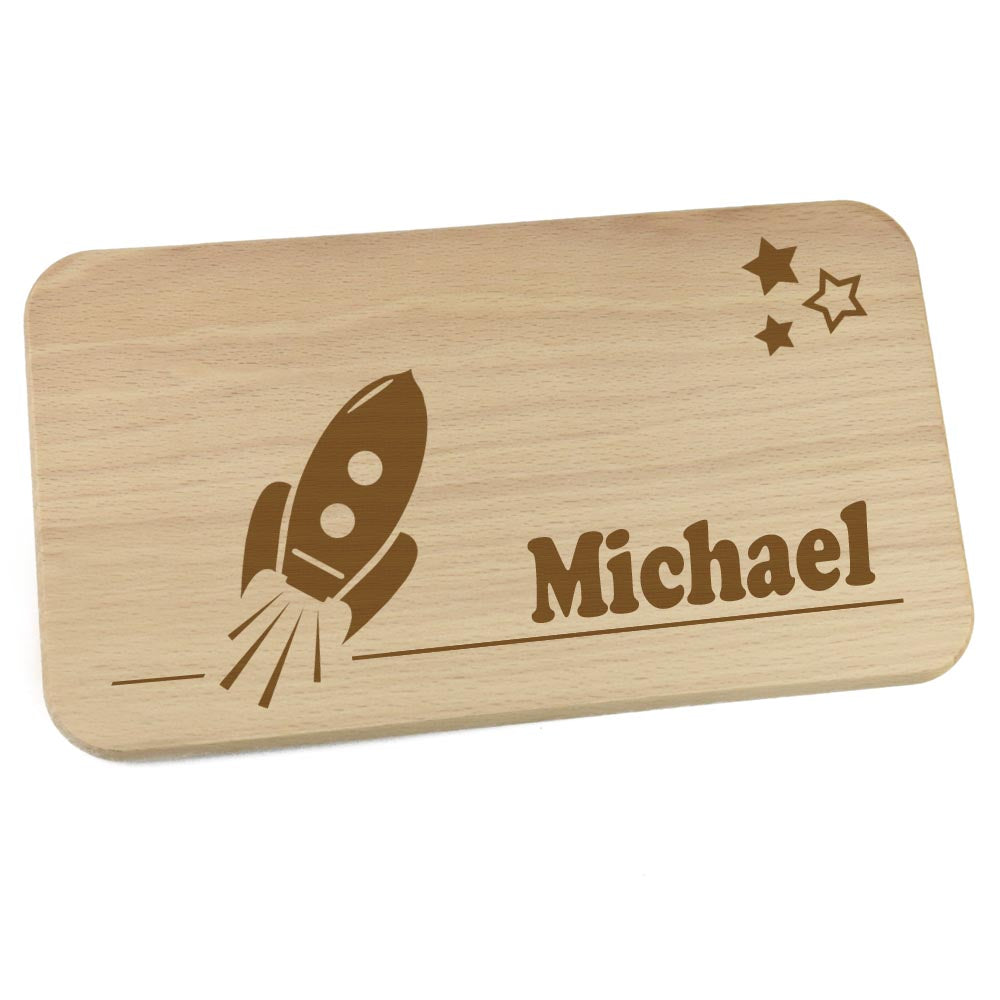 Personalisiertes Frühstücksbrettchen aus Holz mit Motiv und Name graviert Motiv Rakete